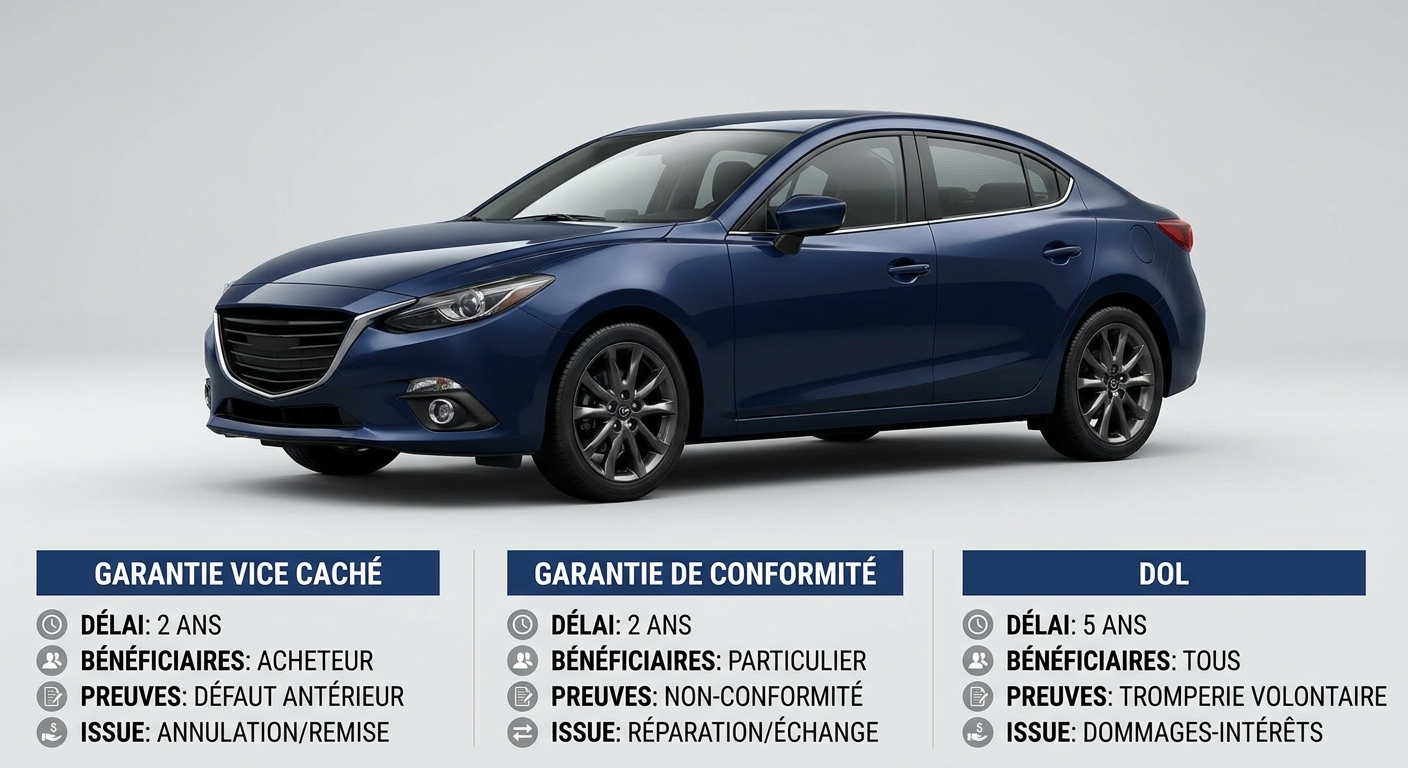 Comparatif visuel des trois garanties légales mobilisables après une arnaque voiture d'occasion