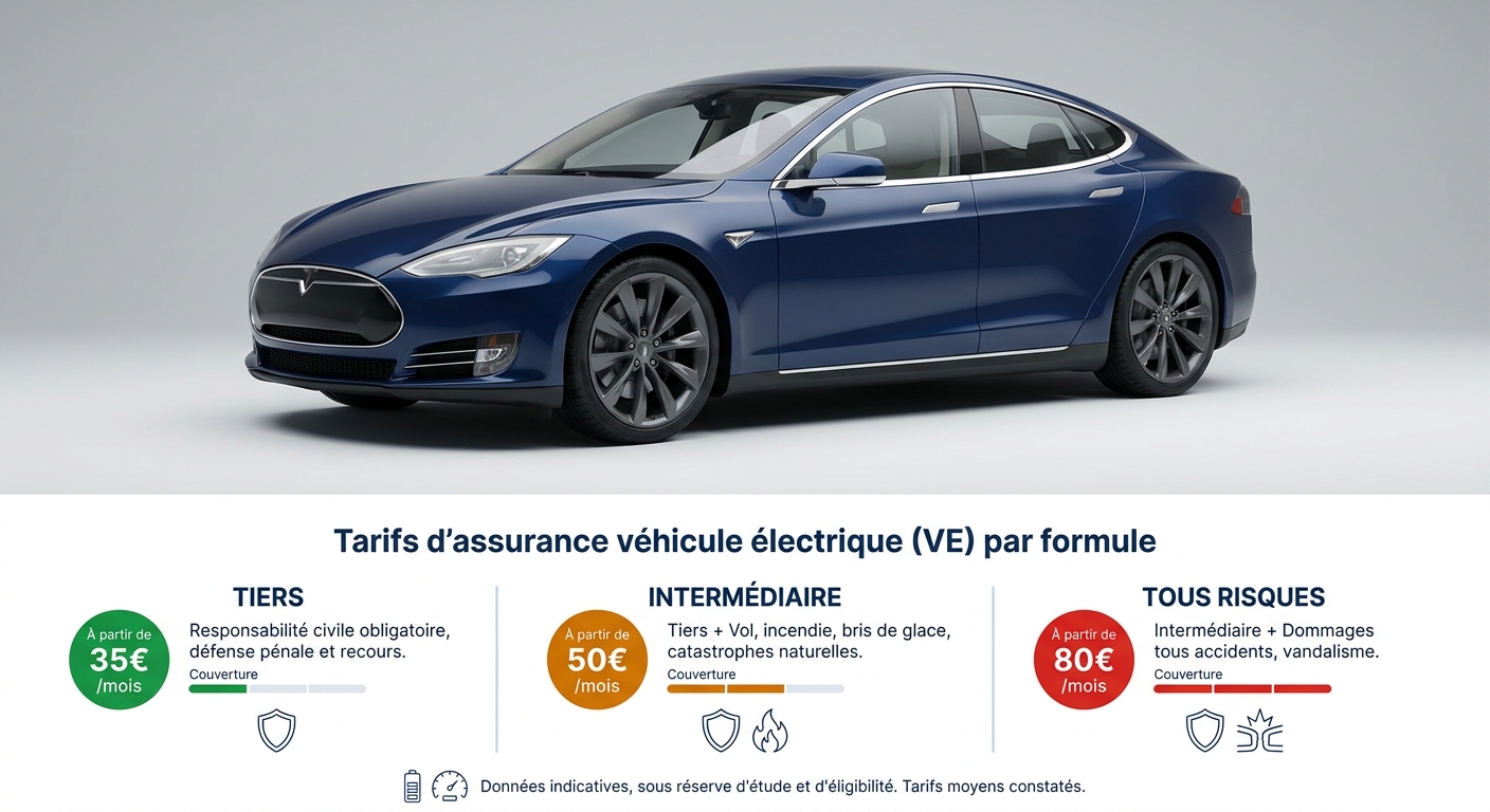 Schéma des tarifs d'assurance VE par formule : tiers, intermédiaire et tous risques