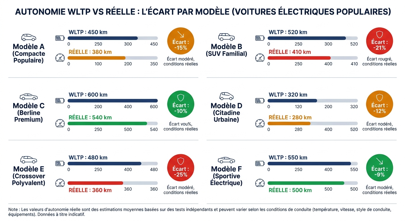 Infographie comparant l'autonomie WLTP et réelle de 6 voitures électriques populaires