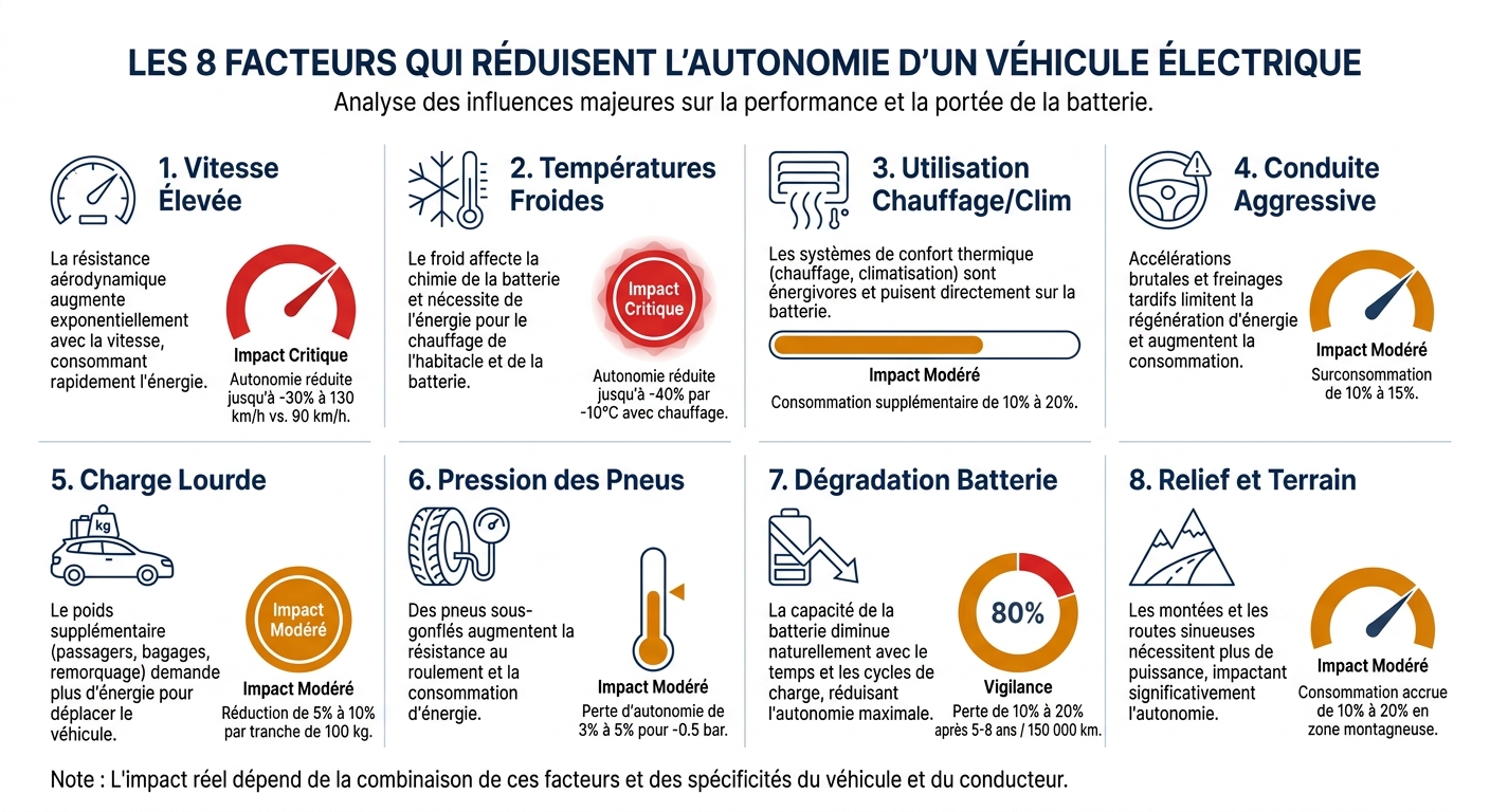 Infographie des 8 facteurs qui influencent l'autonomie d'un véhicule électrique