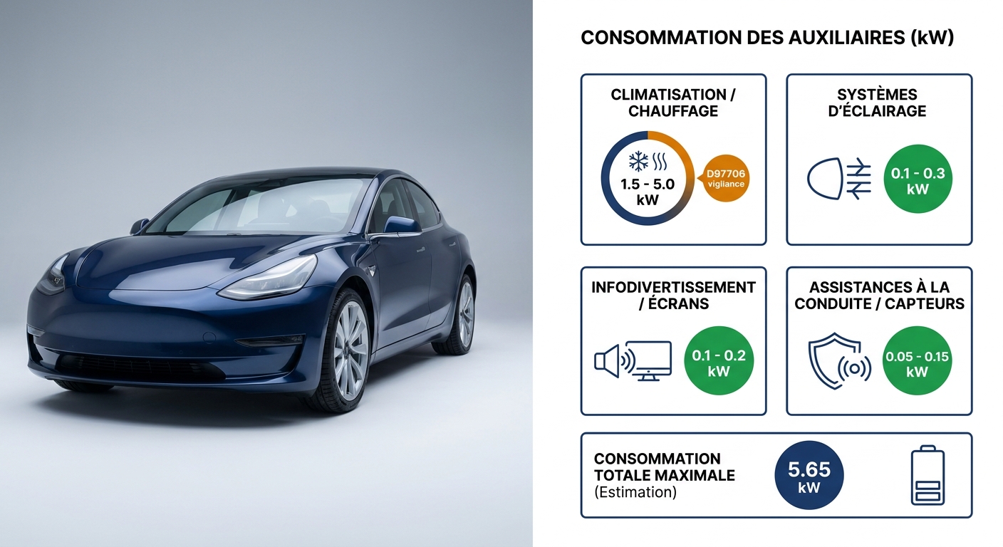 Infographie de la consommation en kW des auxiliaires d'une voiture électrique