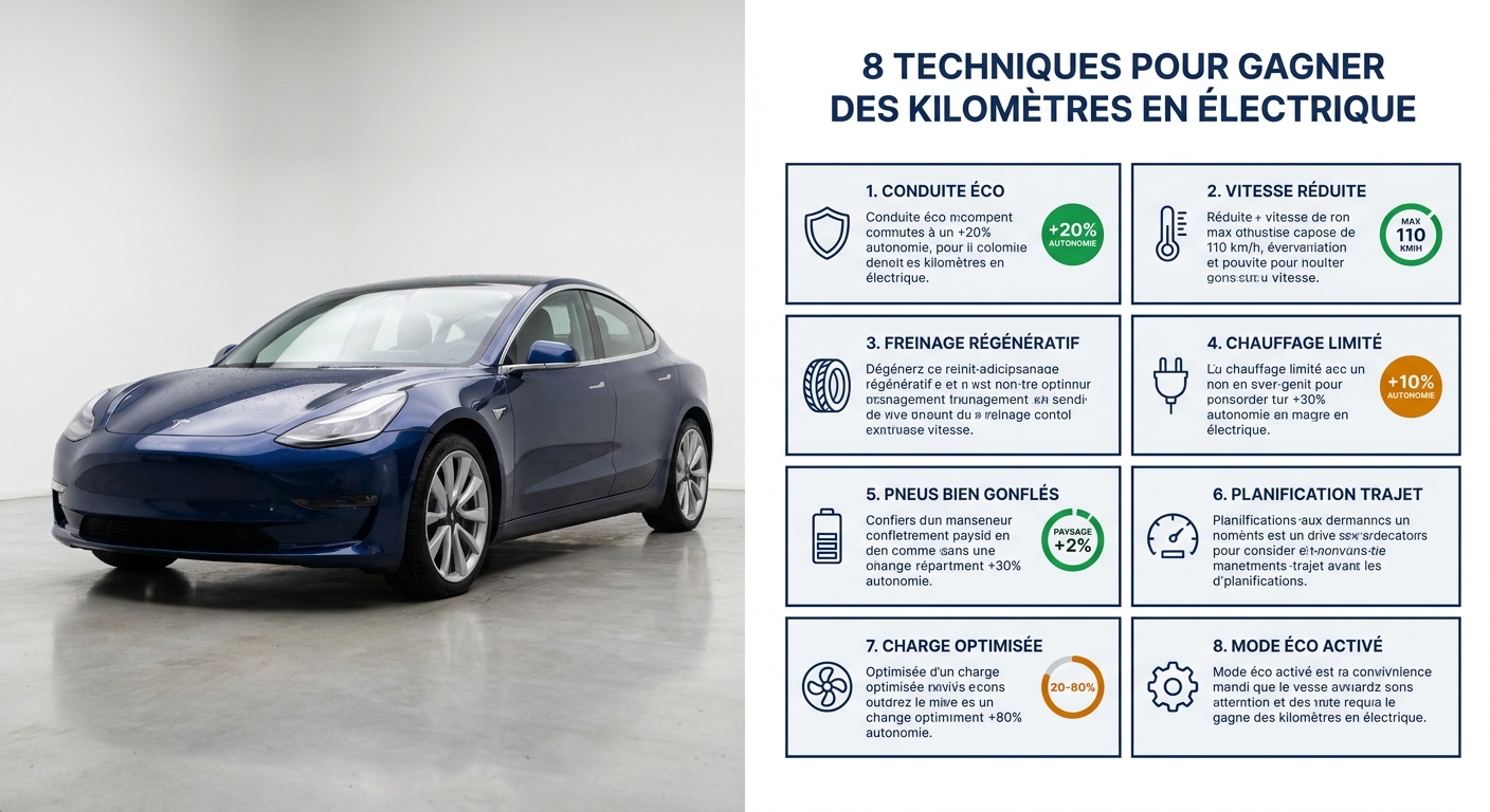 Infographie des 8 techniques pour augmenter l'autonomie d'une voiture électrique
