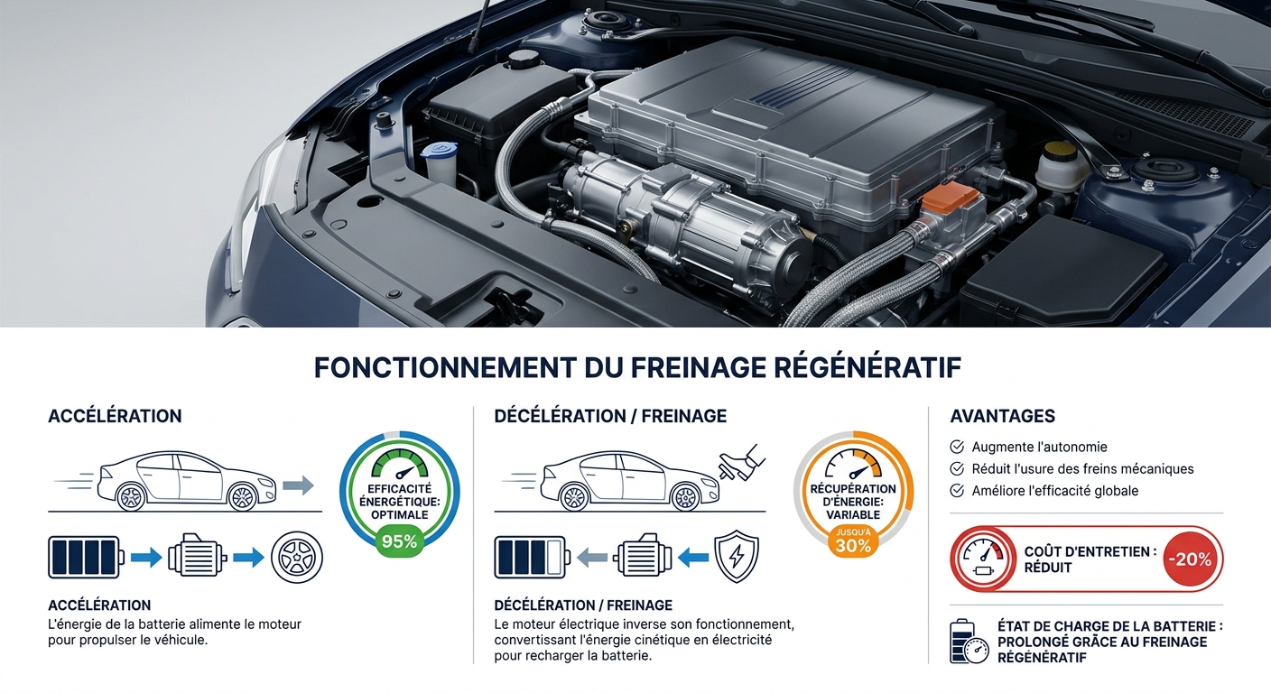 Schéma du fonctionnement du freinage régénératif dans un véhicule électrique
