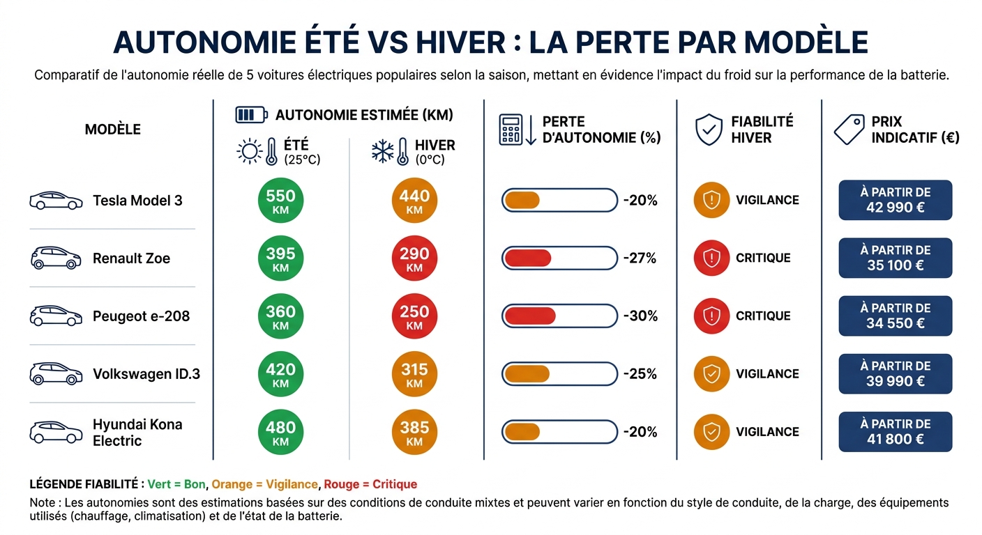 Infographie comparant l'autonomie été et hiver de 5 voitures électriques populaires