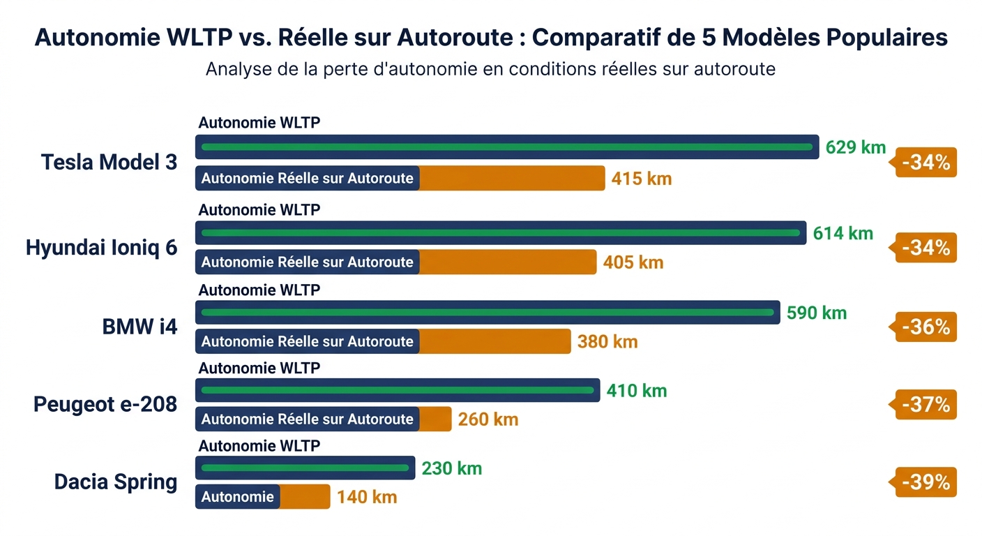 Infographie comparant l'autonomie WLTP et l'autonomie réelle sur autoroute pour 5 modèles électriques