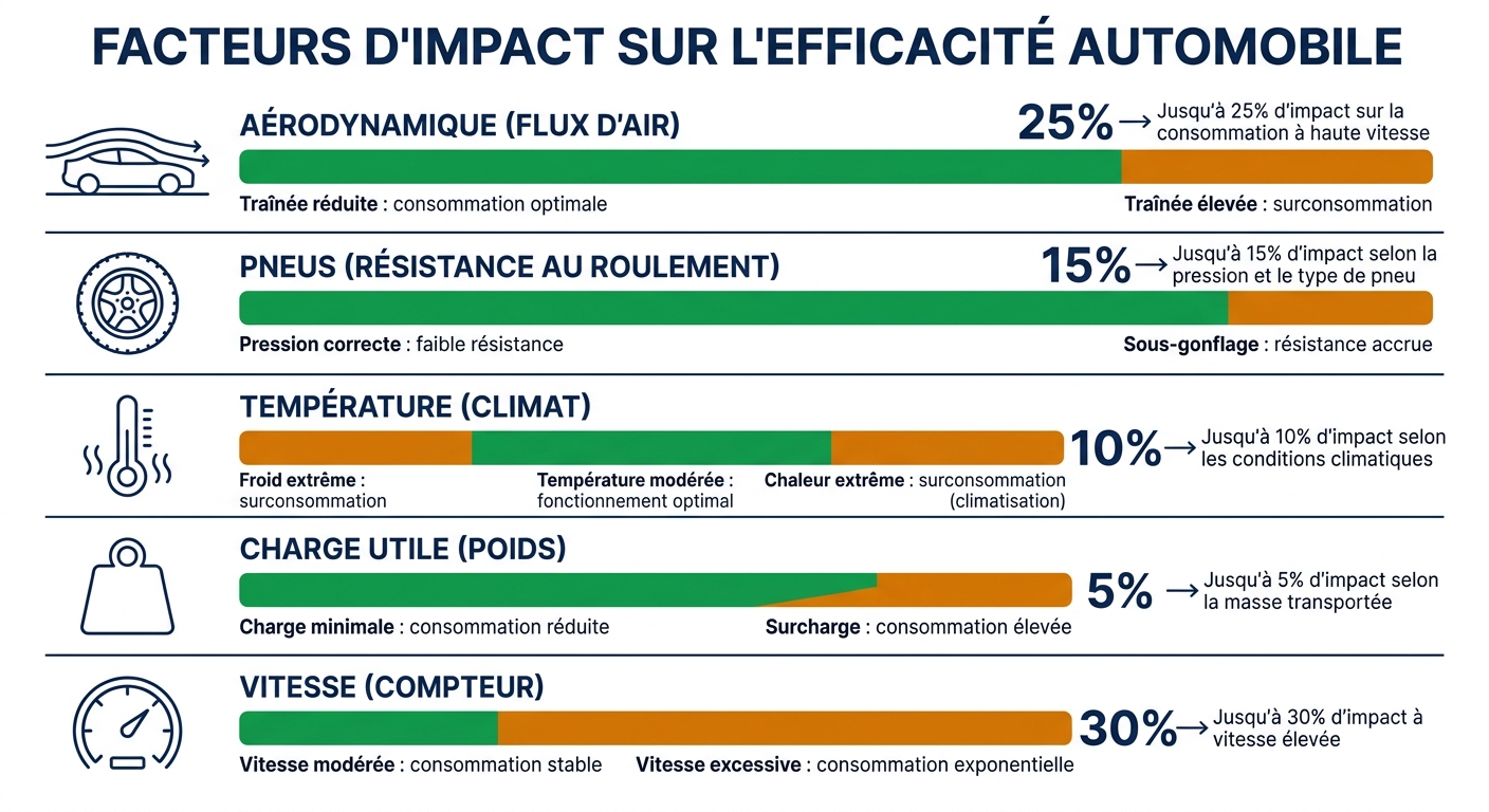Infographie des 5 facteurs qui réduisent l'autonomie d'une voiture électrique sur autoroute