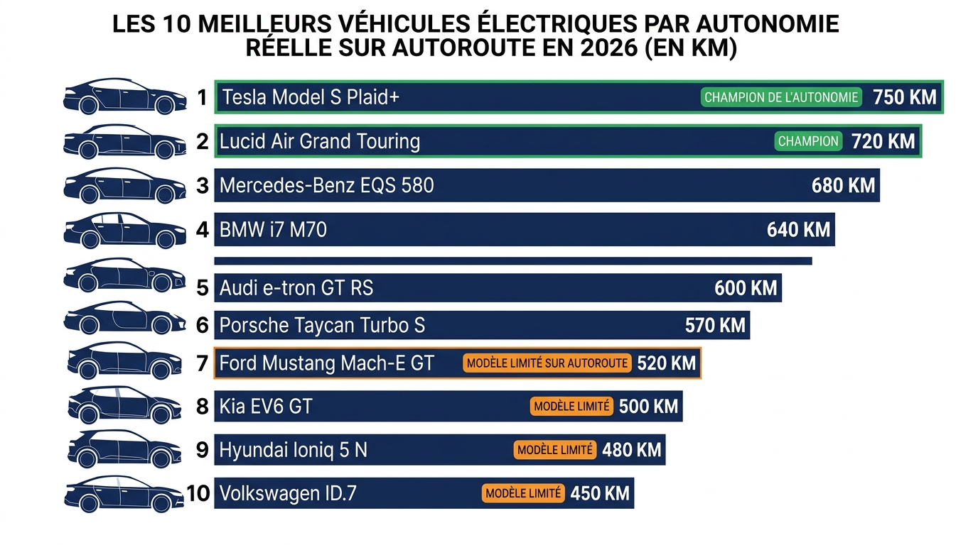 Classement des 10 meilleures voitures électriques par autonomie réelle sur autoroute en 2026