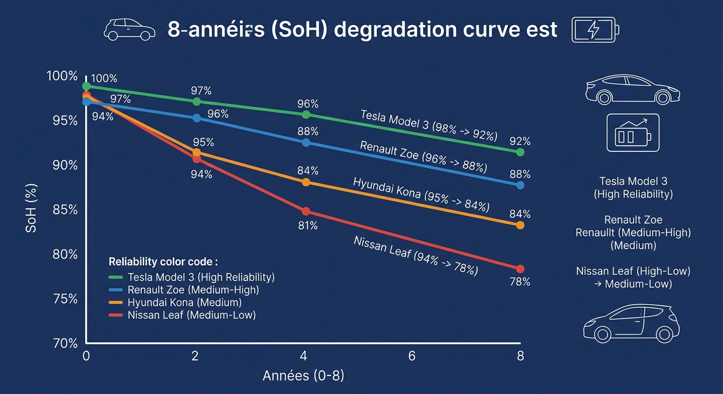 Courbe de dégradation du SoH batterie sur huit ans pour quatre modèles de voitures électriques