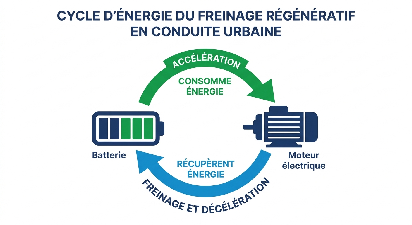 Schéma du fonctionnement du freinage régénératif en conduite urbaine