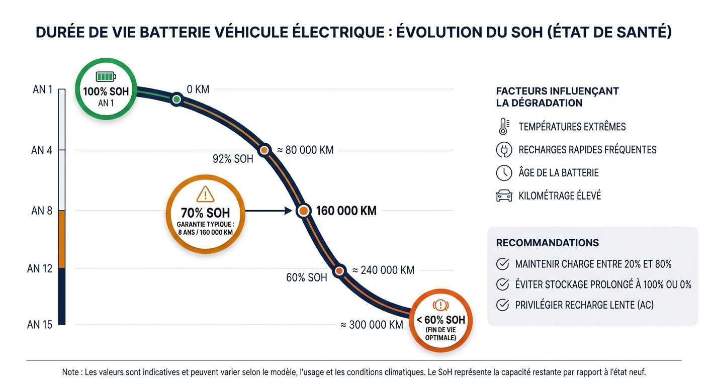 Courbe de degradation du SoH d'une batterie de voiture electrique de 0 a 15 ans