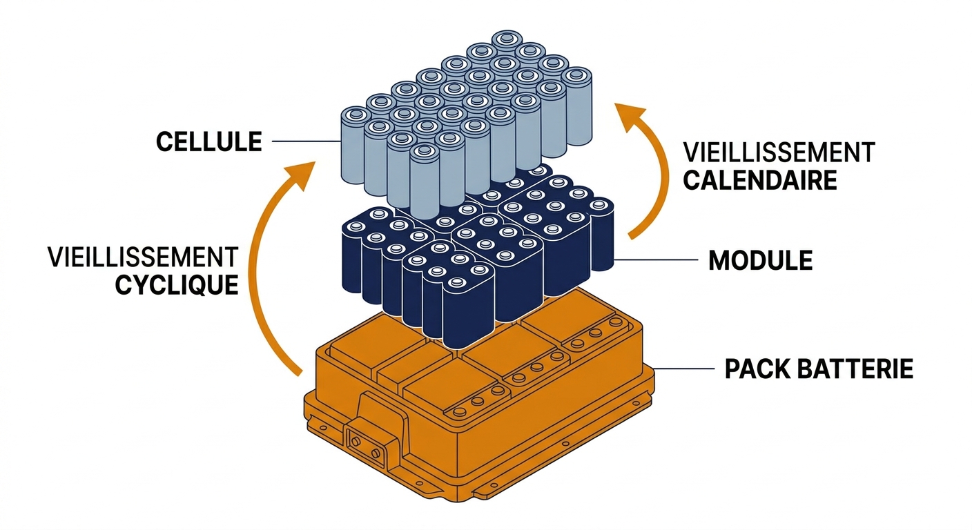 Schema du vieillissement cyclique et calendaire d'une batterie lithium-ion VE