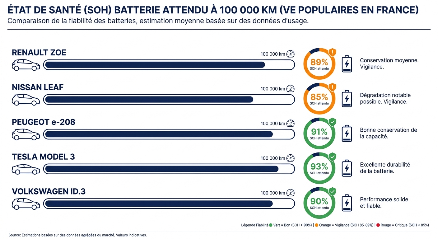 SoH attendu a 100 000 km pour 5 modeles de voitures electriques populaires