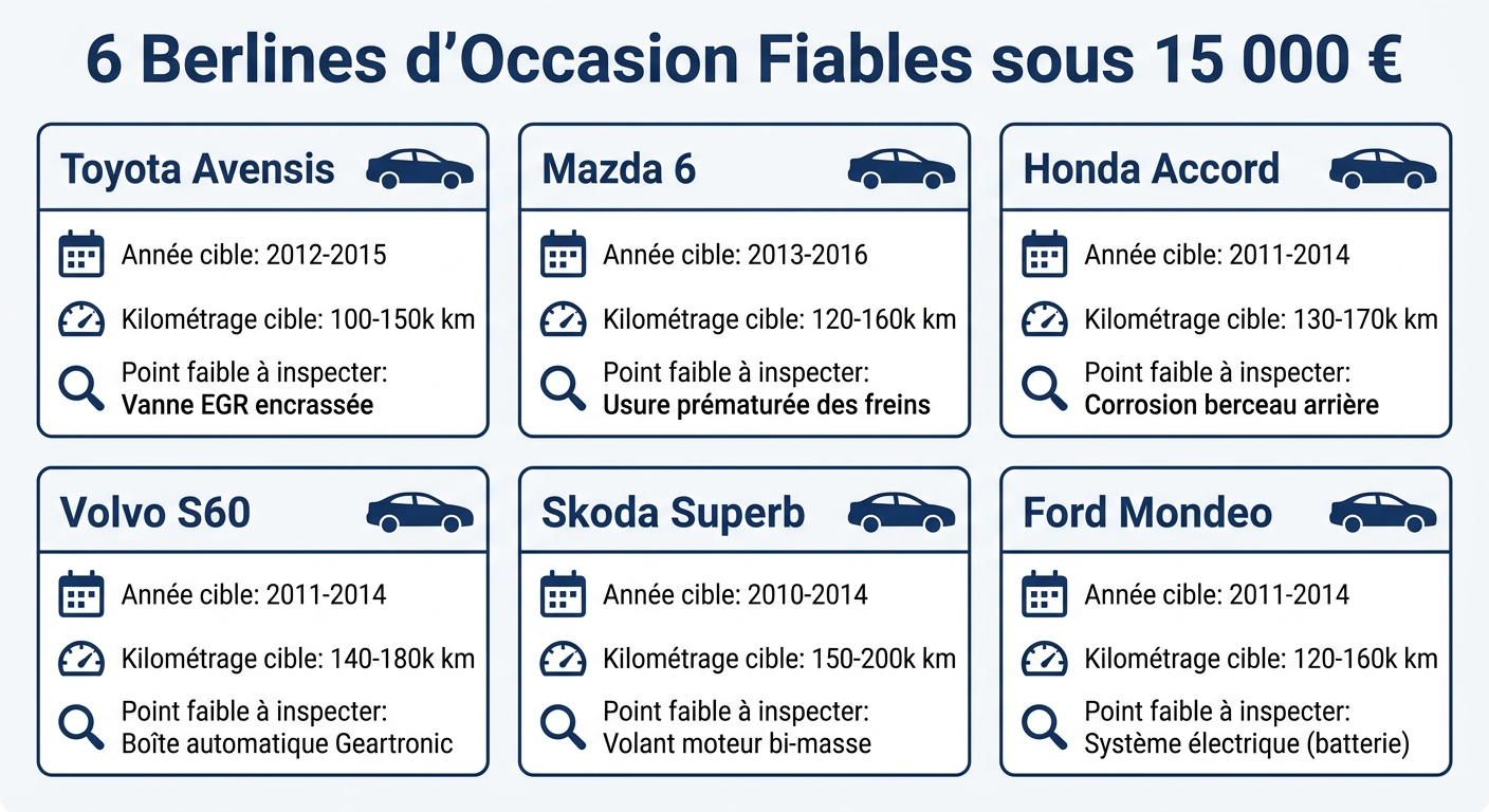 Infographie des berlines fiables d'occasion à moins de 15 000 euros