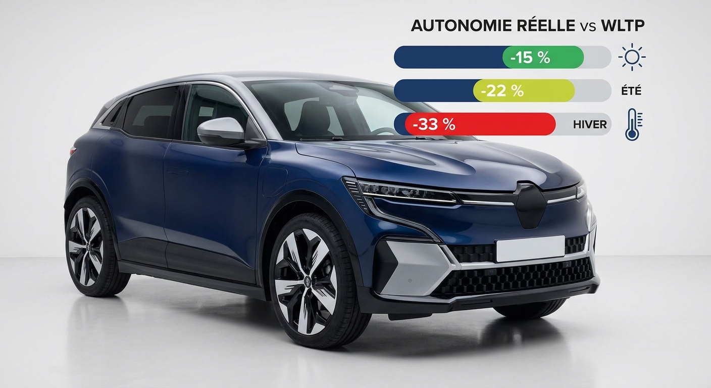 Infographie comparant l'autonomie WLTP annoncée et l'autonomie réelle observée en France