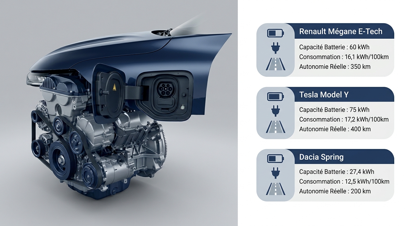 Comparatif visuel de trois calculs d'autonomie réelle pour Mégane E-Tech, Model Y et Dacia Spring