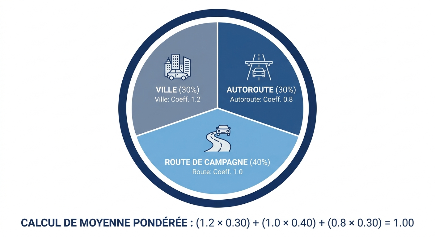 Infographie du calcul d'autonomie pour un trajet mixte ville-route-autoroute