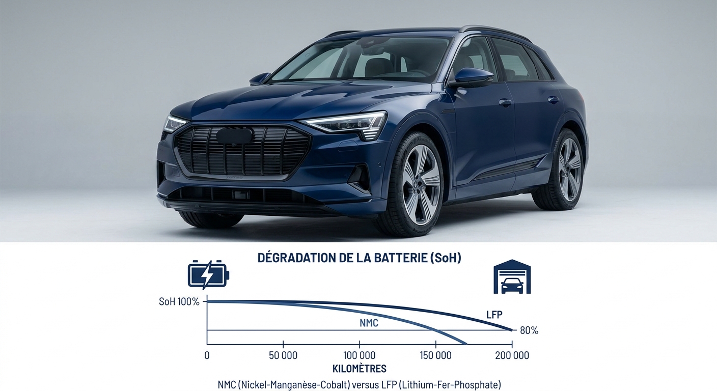 Graphique de la dégradation du SoH d'une batterie de voiture électrique selon le kilométrage