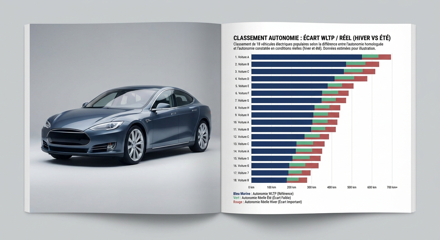 Comparatif visuel de l'écart entre autonomie WLTP et réelle pour 18 véhicules électriques