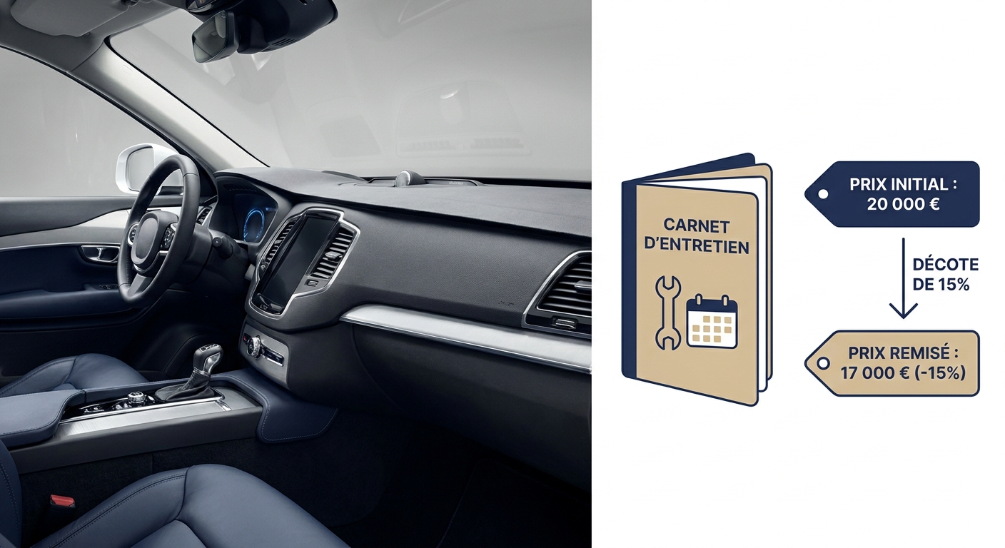 Infographie comparant la valeur d'une voiture d'occasion avec et sans carnet d'entretien