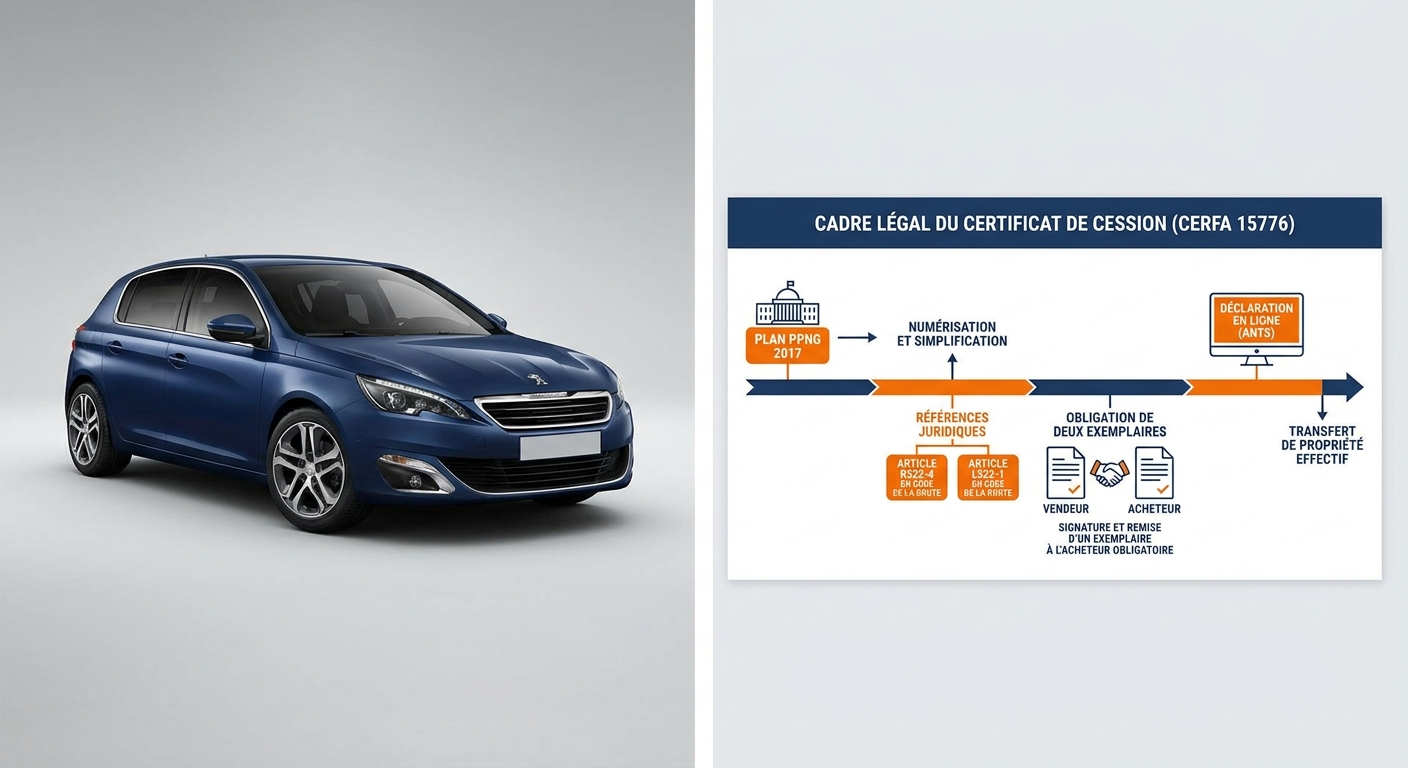 Infographie présentant le cadre légal du certificat de cession véhicule occasion en France