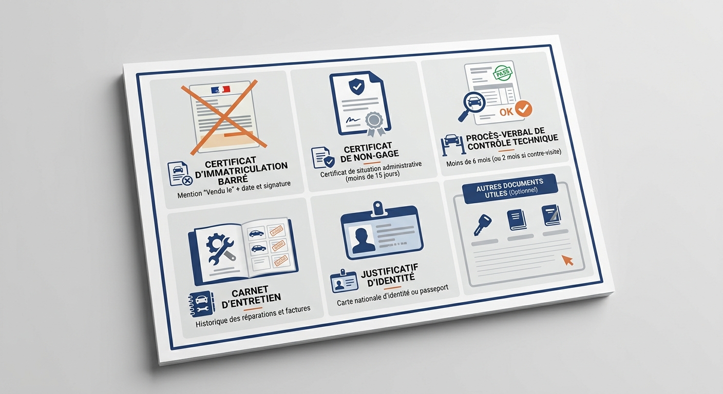 Infographie listant les documents à remettre avec le certificat de cession voiture occasion