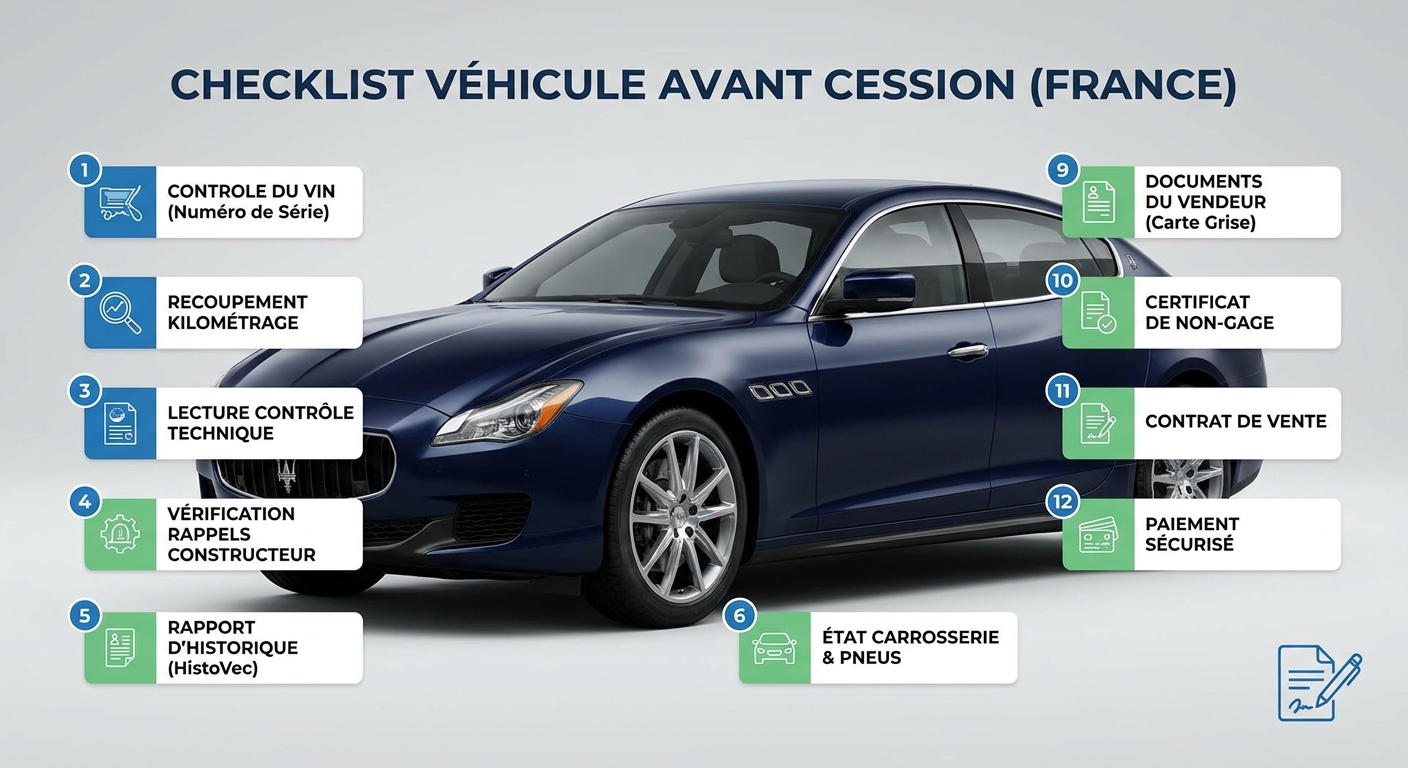 Infographie des 12 vérifications à effectuer avant de signer le certificat de vente voiture occasion