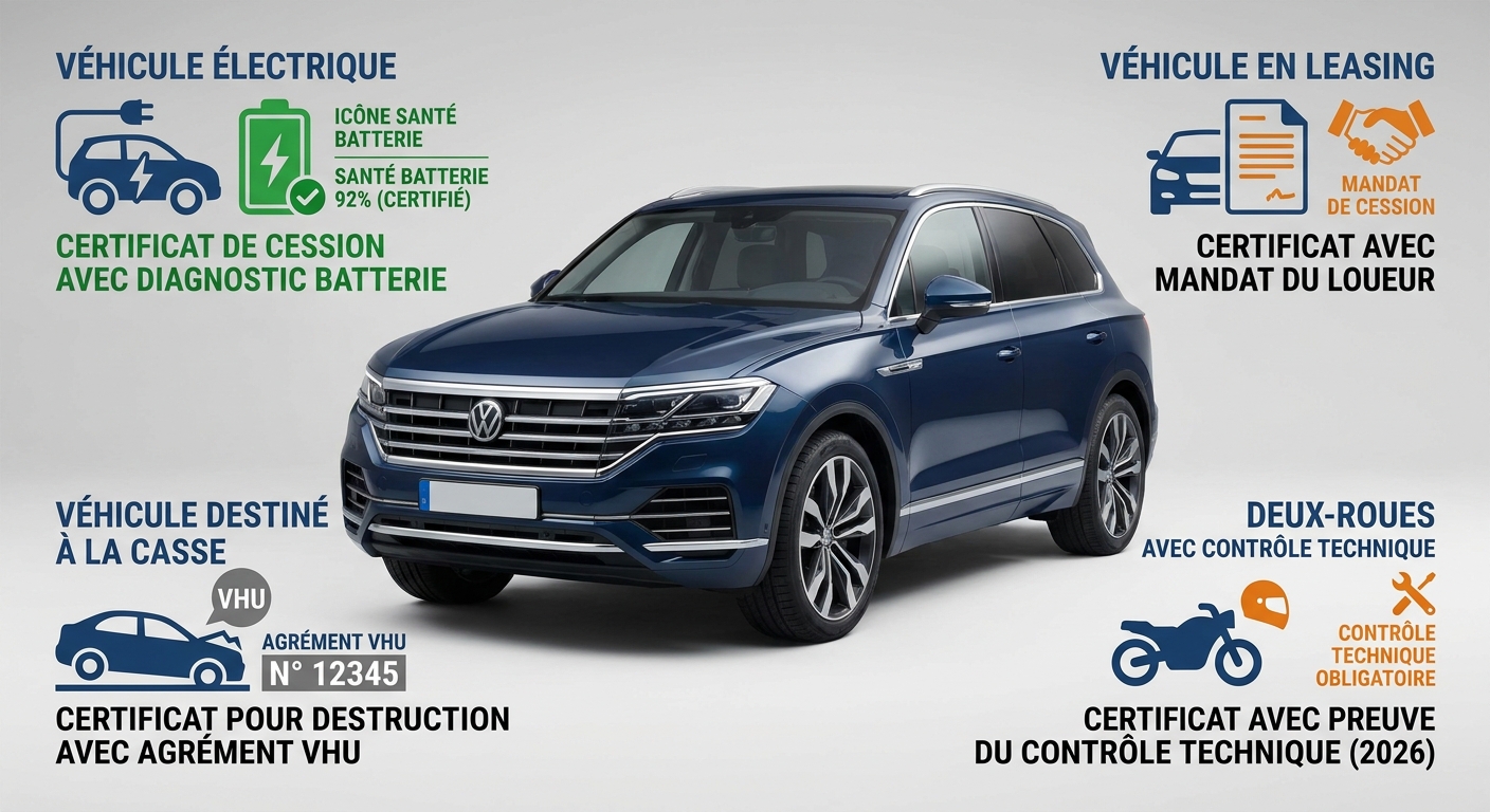 Infographie des cas particuliers de cession voiture occasion en 2026