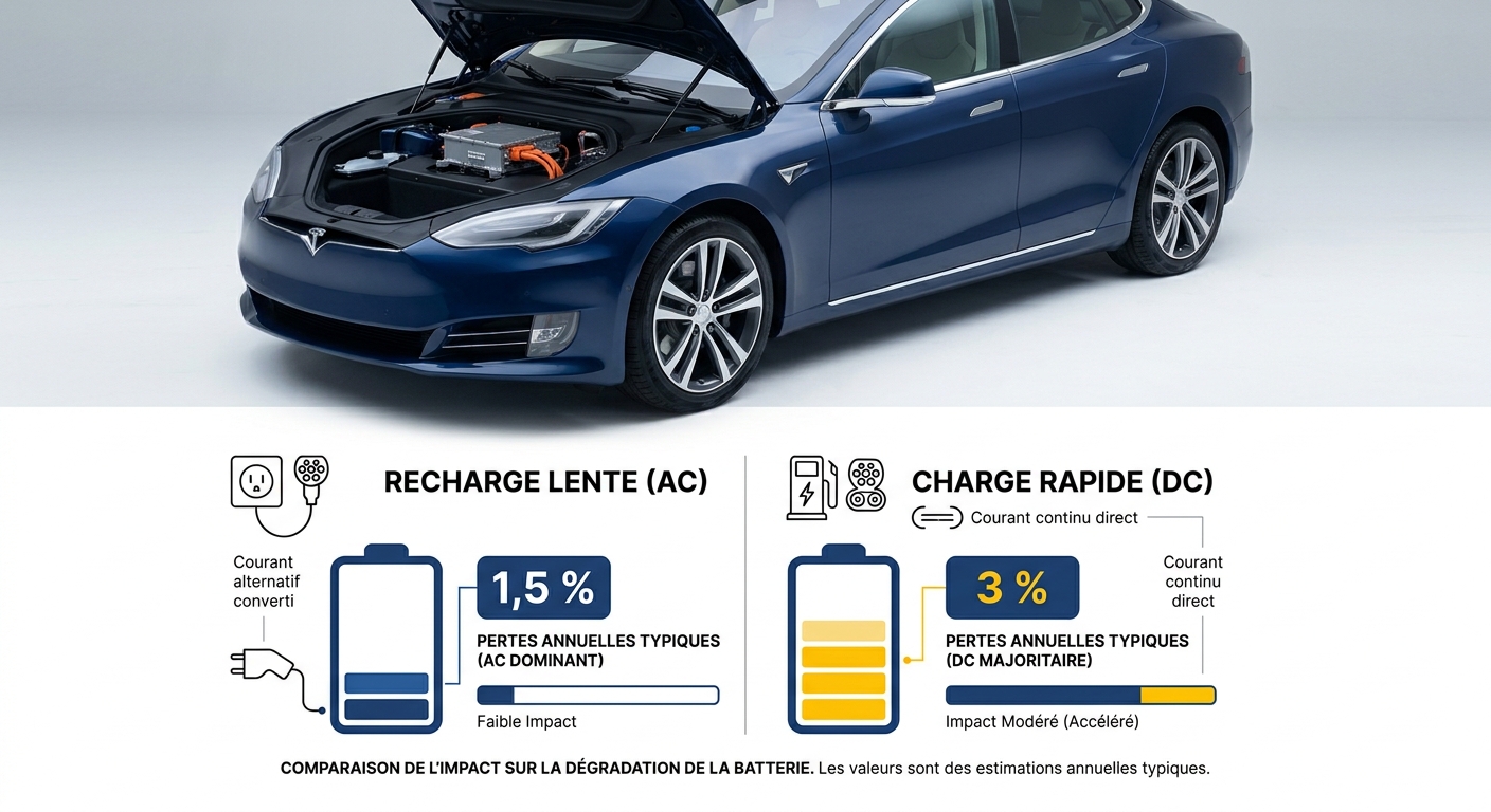 Infographie comparant la perte annuelle de capacité de batterie selon le mode de recharge AC ou DC