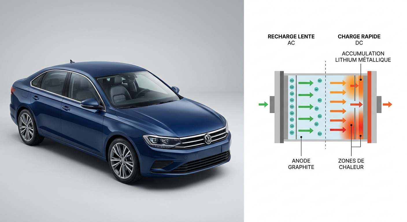 Schéma comparant le déplacement des ions lithium en charge lente et en charge rapide