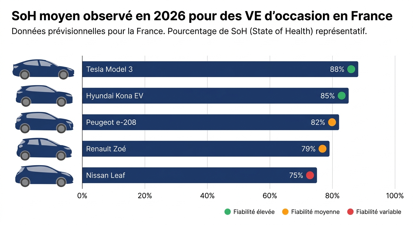 Infographie comparant le SoH moyen de cinq modèles de VE d'occasion en France en 2026