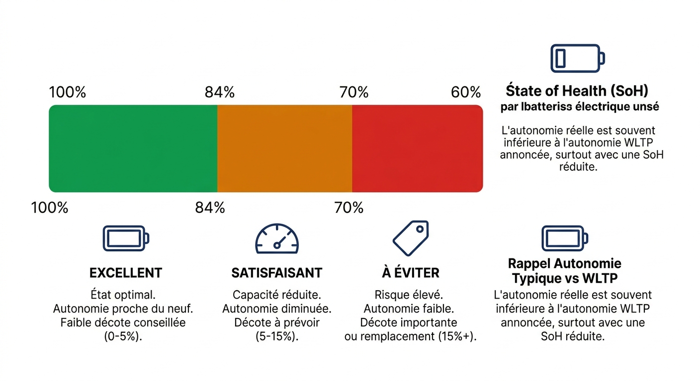 Infographie expliquant les seuils de SoH et la décote conseillée pour un VE d'occasion