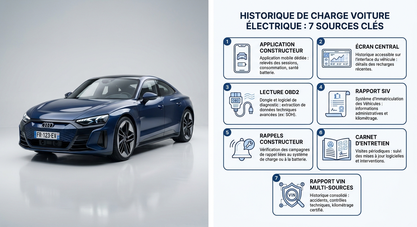 Infographie listant sept sources pour vérifier l'historique de charge rapide d'une voiture électrique d'occasion