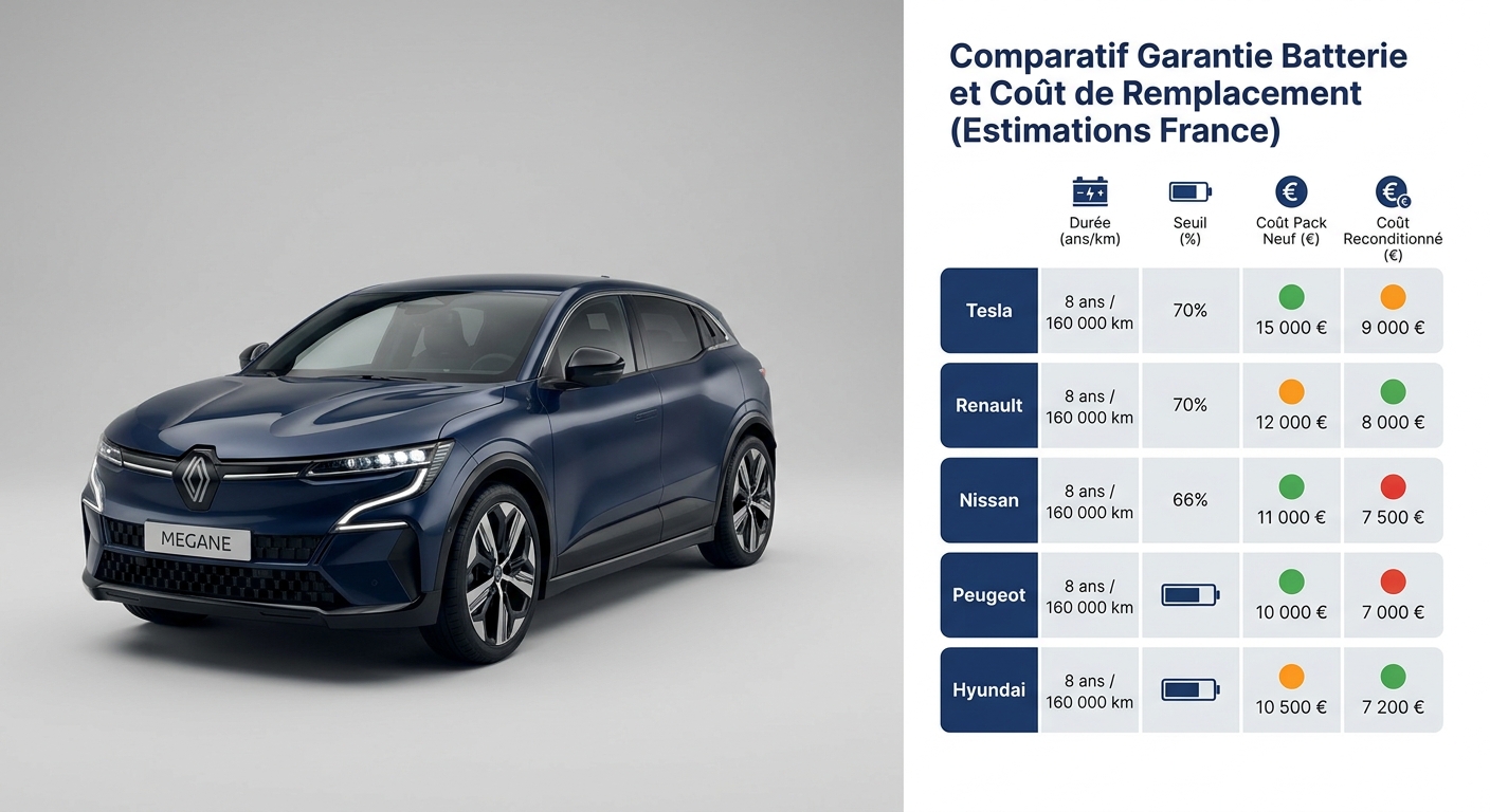Infographie comparant la garantie batterie et le coût de remplacement par marque en 2026