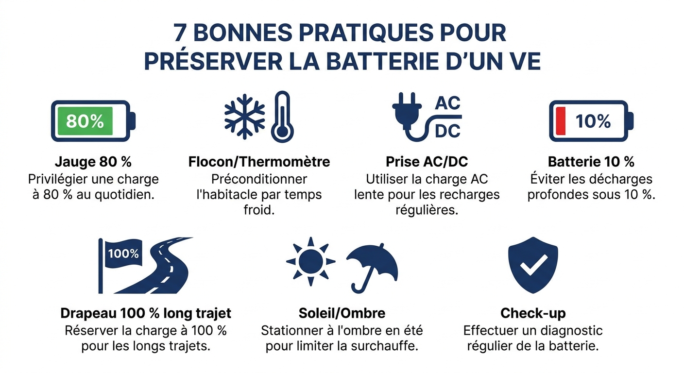 Infographie présentant sept gestes quotidiens pour préserver la batterie d'une voiture électrique