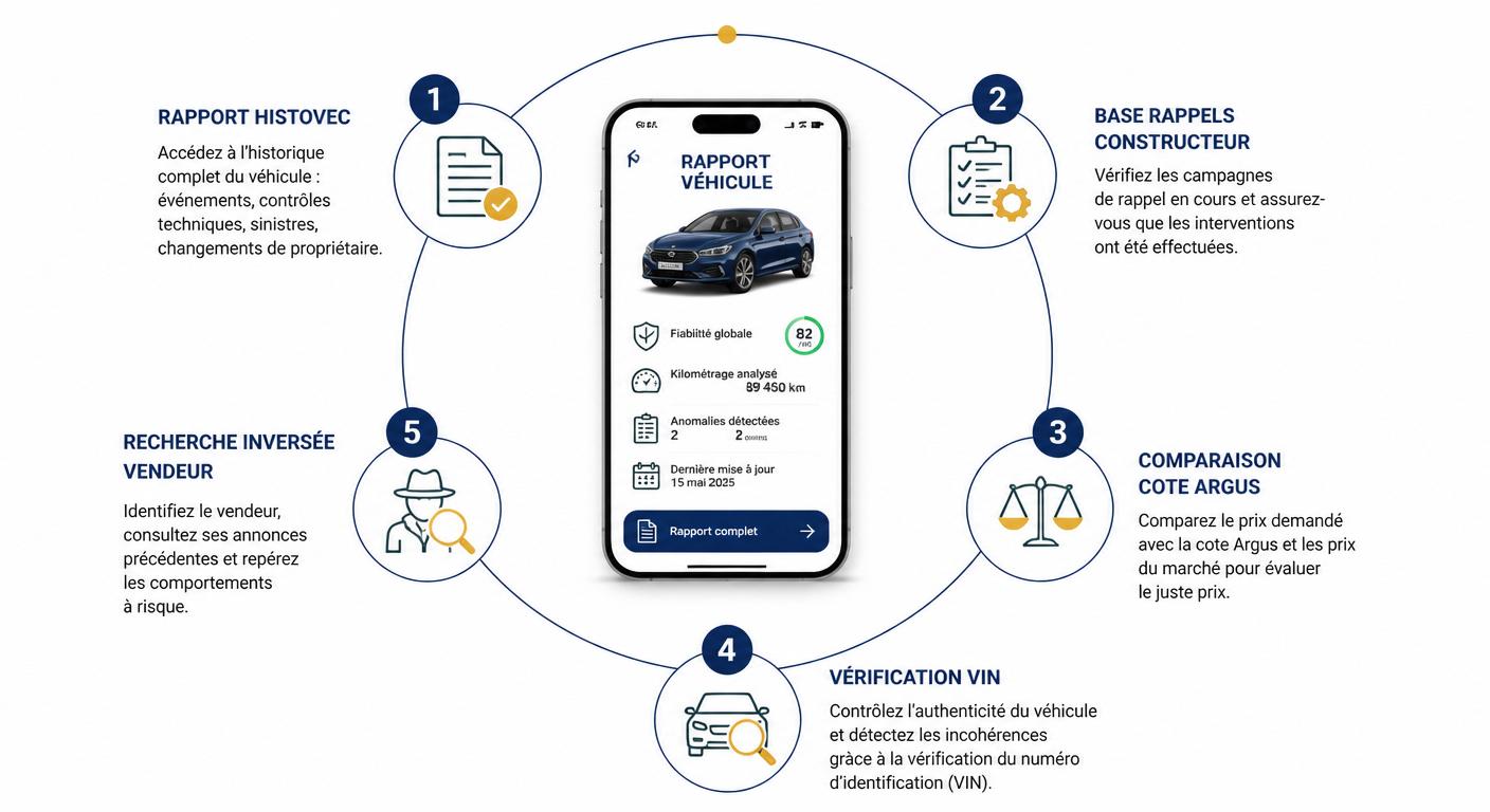 Infographie des cinq vérifications à effectuer en ligne avant de se déplacer pour acheter une voiture d'occasion