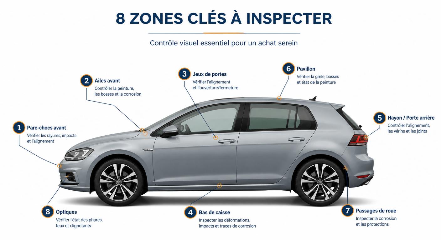Infographie des huit zones de carrosserie à inspecter sur une voiture d'occasion