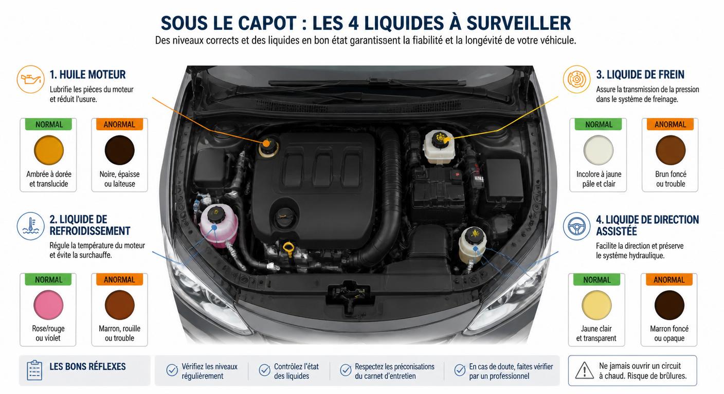 Infographie de lecture des fluides moteur sur une voiture d'occasion