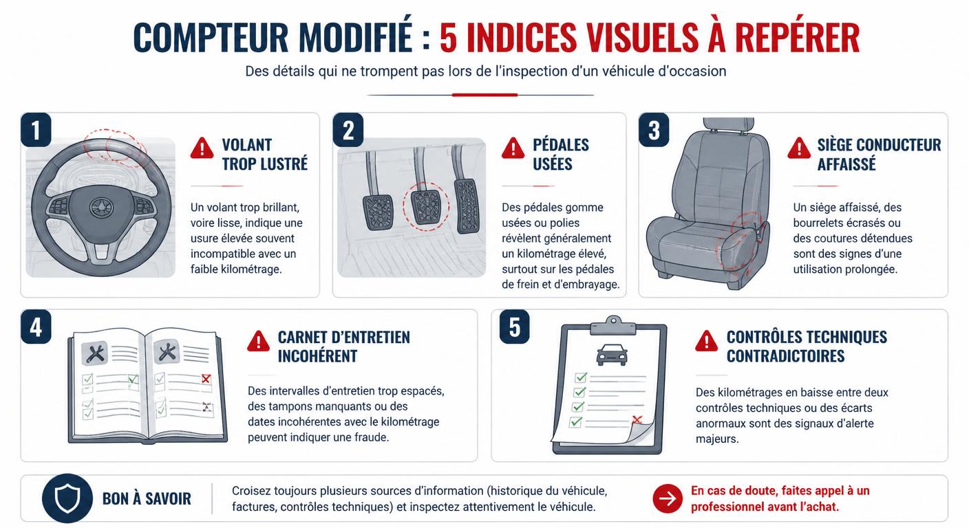 Infographie des cinq indices visuels d'un kilométrage trafiqué sur voiture d'occasion