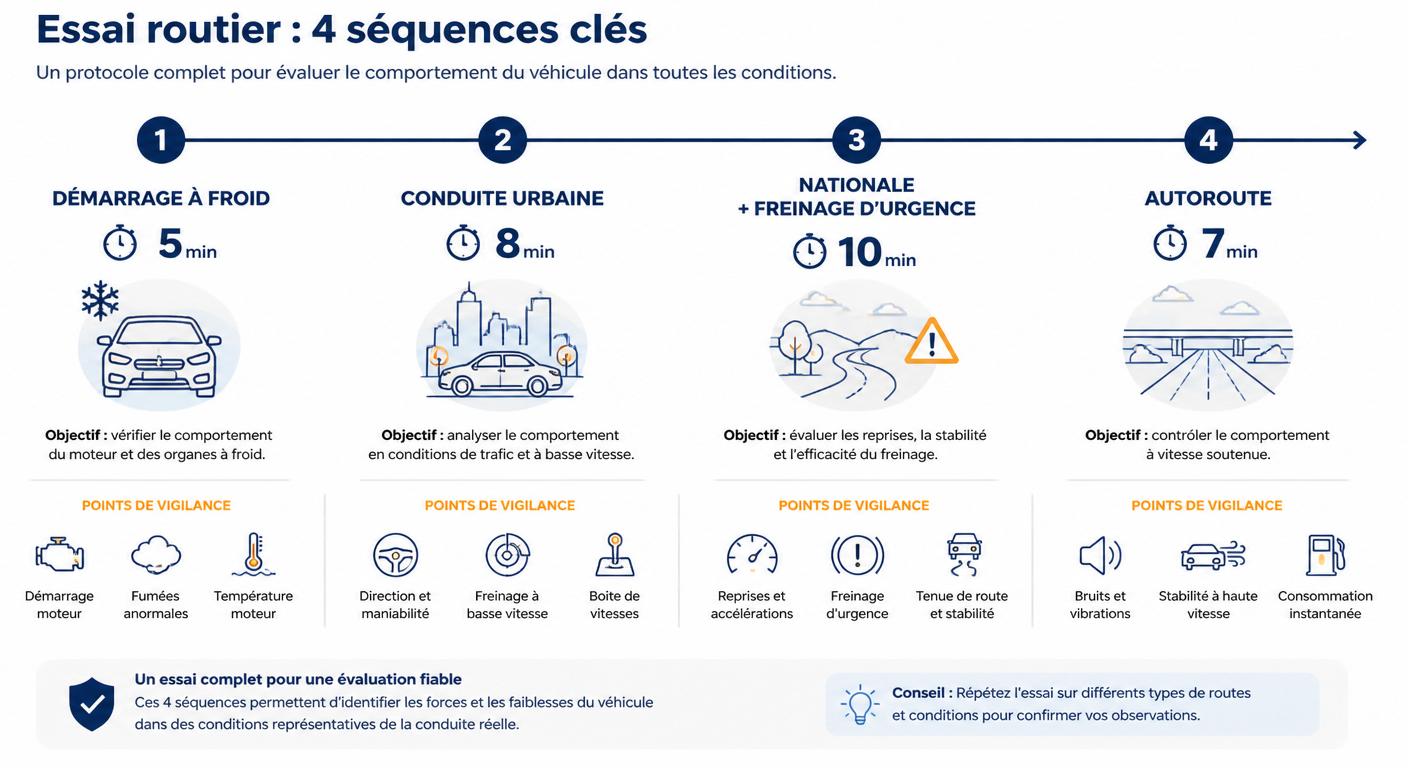 Infographie du protocole d'essai routier d'une voiture d'occasion en quatre séquences
