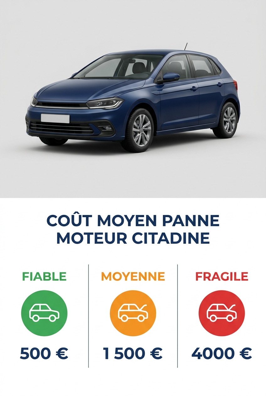 Infographie comparant le coût d'une panne moteur selon la fiabilité d'une citadine d'occasion en 2026.