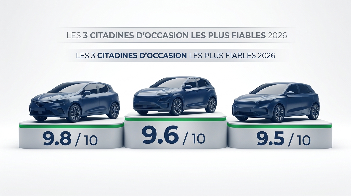 Podium des 3 citadines d'occasion les plus fiables en 2026 avec scores chiffrés.
