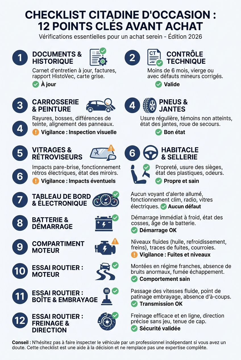 Checklist visuelle des 12 vérifications avant achat d'une citadine d'occasion.