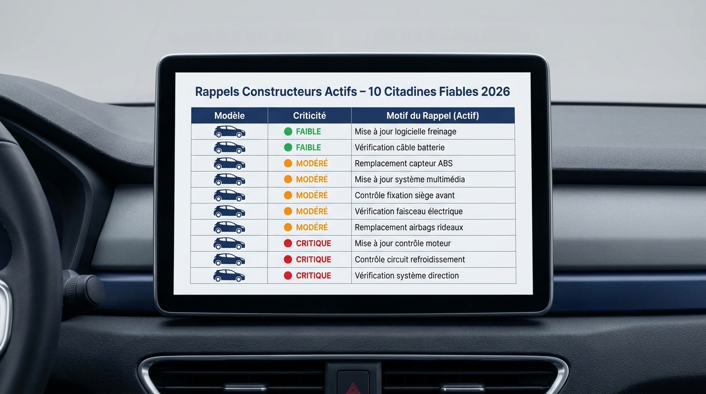 Tableau visuel des rappels constructeurs actifs sur les 10 citadines fiables 2026.