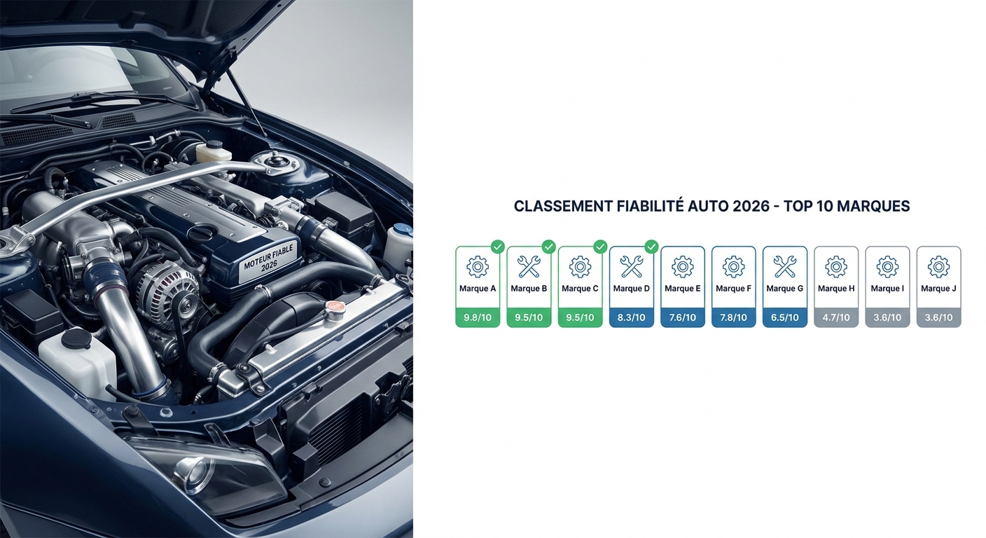 Infographie du top 10 unifié des marques automobiles les plus fiables en 2026 selon les sources OCU, JD Power, Consumer Reports et L'Argus