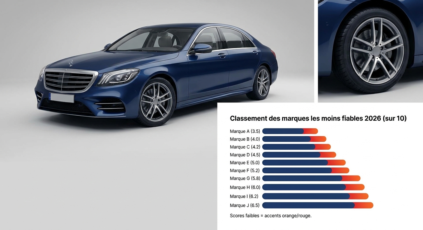 Infographie du classement des dix marques de voitures les moins fiables en 2026