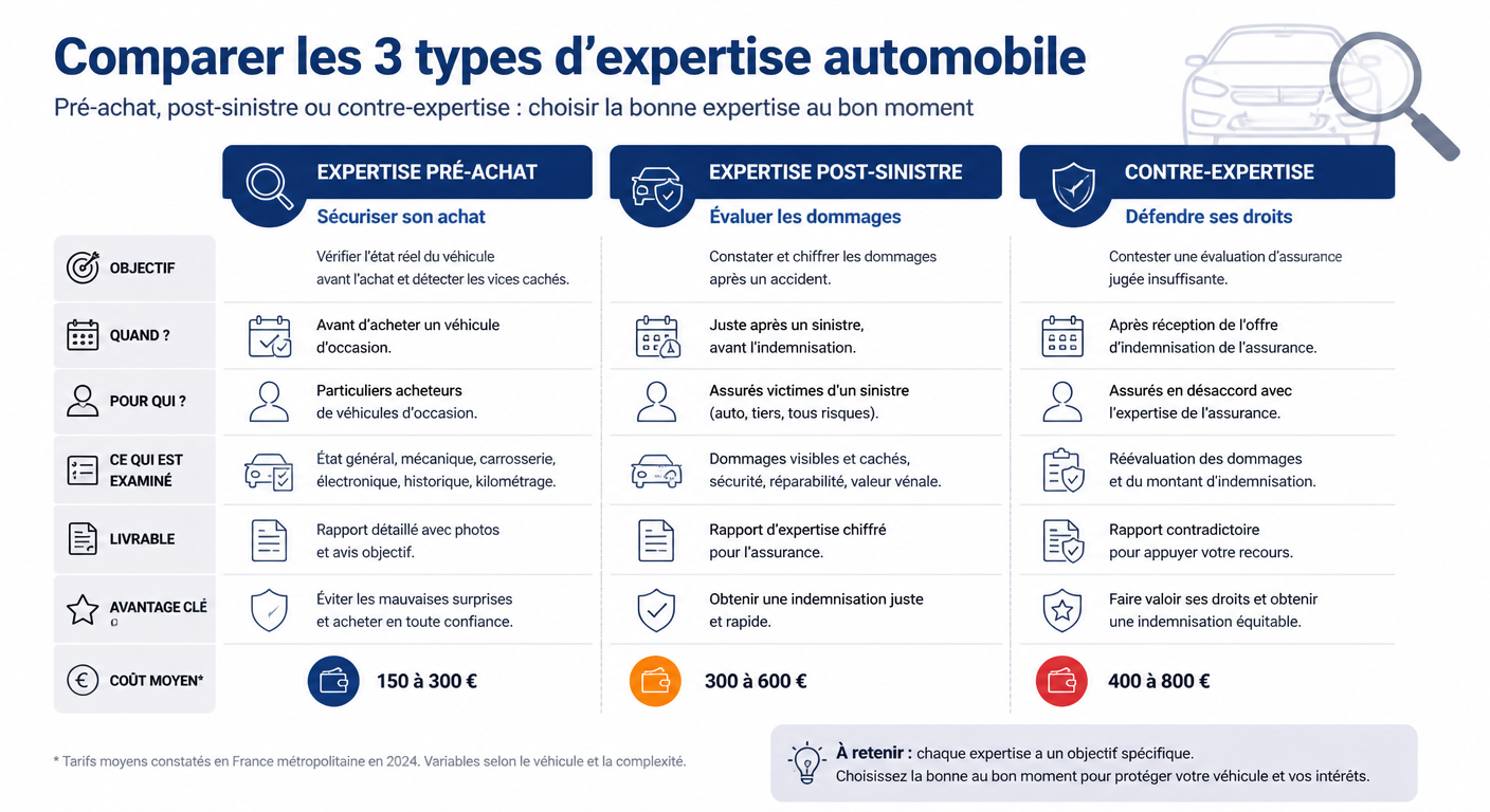 Infographie comparant les trois types d'expertise automobile