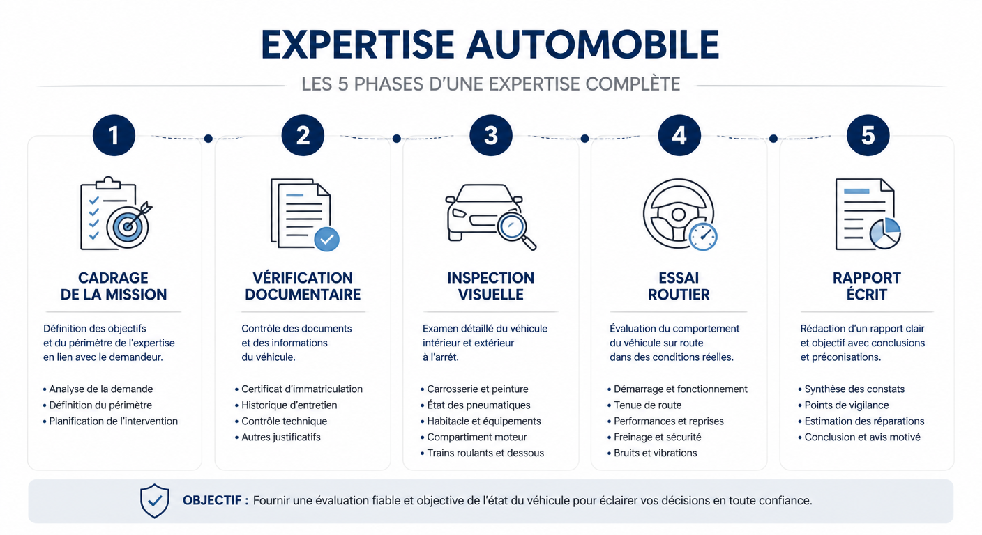 Infographie des cinq étapes d'une expertise automobile