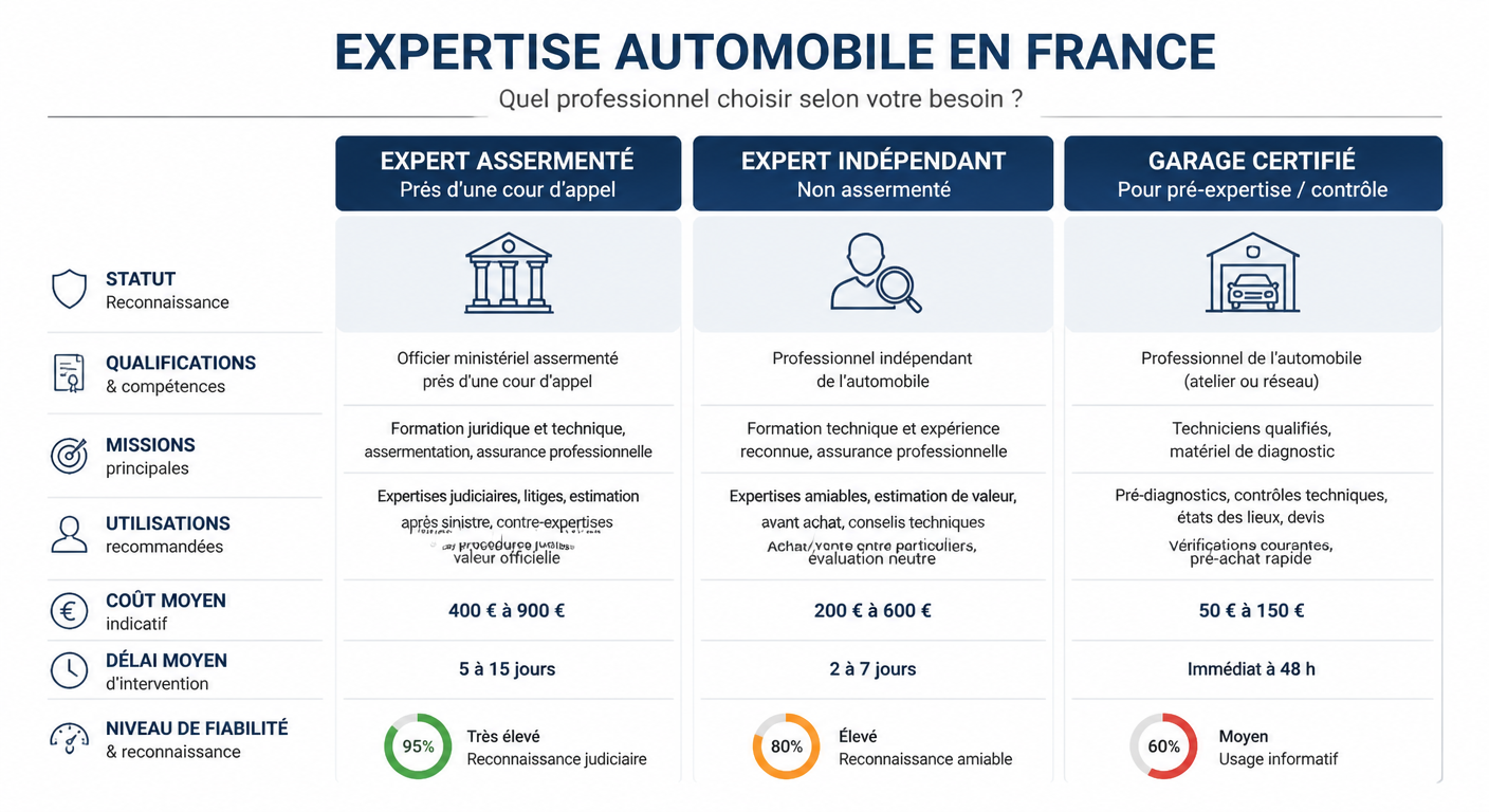 Infographie des trois profils habilités à expertiser un véhicule en France