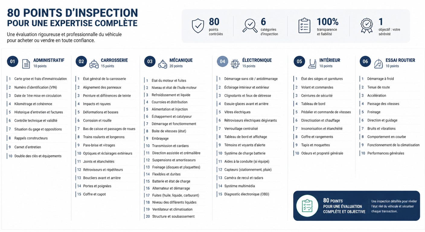 Infographie des 80 points contrôlés lors d'une expertise automobile