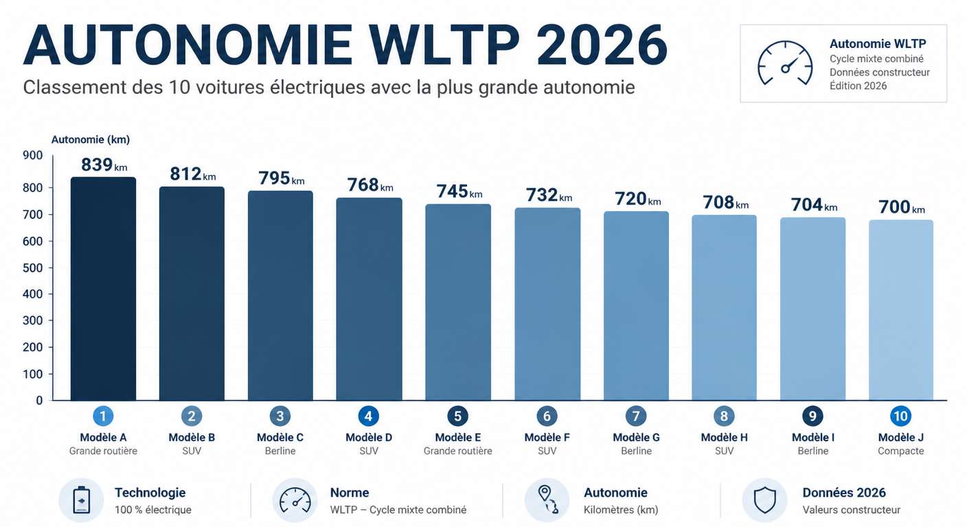 Infographie classement top 10 voitures électriques par autonomie WLTP 2026
